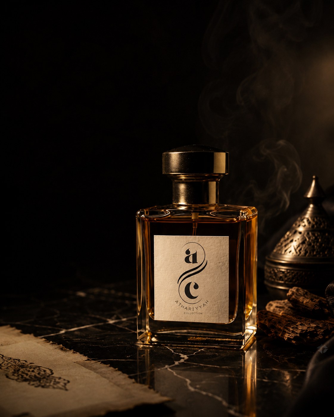 Athariyyah Collection fragrance bottle on dark marble under warm amber light