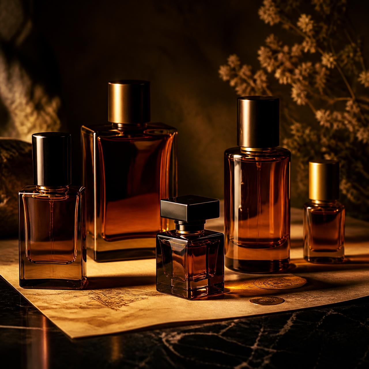 Amber glass fragrance bottles in several sizes arranged on parchment and dark marble